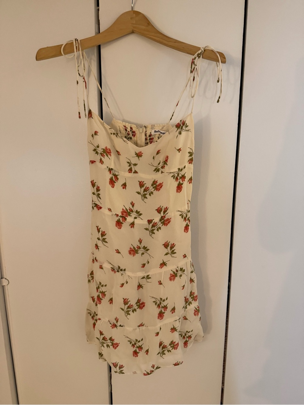 Reformation Cream Spaghetti-Strap Floral Dress with Pink Roses